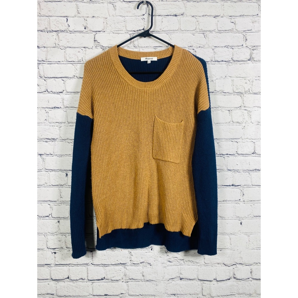 Madewell Sweater Womens XXS Colorblock Ribbed Knit Mustard Navy Blue Excellent